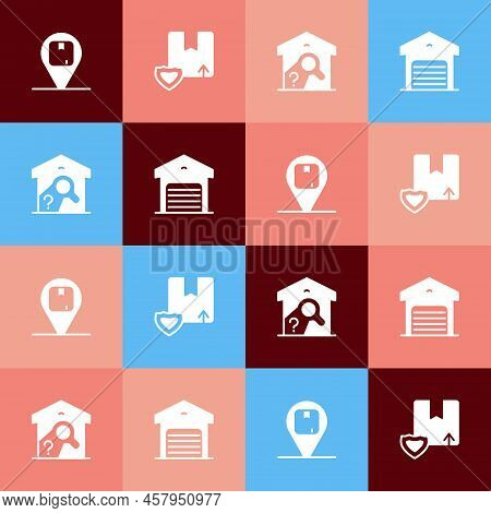 Set Pop Art Location With Cardboard Box, Delivery Security Shield, Warehouse Check And Icon. Vector