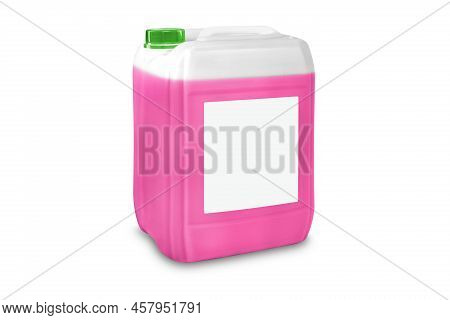Can With Liquid, Isolated On White. Pink Antifreeze Liquid For Car In Canister. Plastic Bottle Or Ga