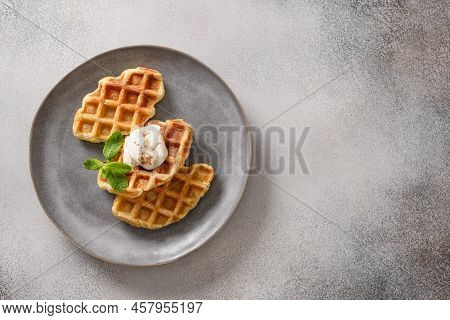 Trendy Delicious Croffles On Gray Plate. Croissant As Waffle.