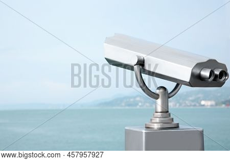 Metal Tower Viewer Installed Near Sea, Space For Text. Mounted Binoculars