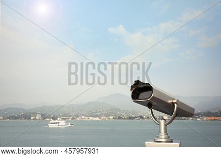 Metal Tower Viewer Installed Near Sea, Space For Text. Mounted Binoculars