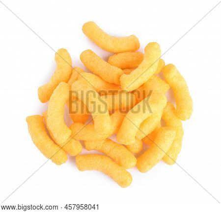 Many Tasty Cheesy Corn Puffs Isolated On White, Top View