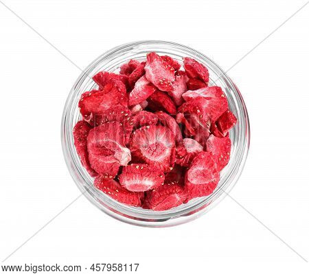 Freeze Dried Strawberries In Glass Jar On White Background, Top View