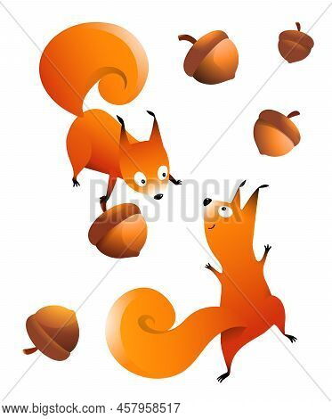 Squirrels And Hazelnuts Clipart, Cute Animal Character Illustration For Children. Funny Adorable Squ