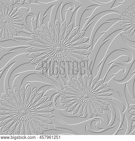 3d Embossed White Floral Seamless Pattern. Textured Beautiful Flowers Relief Background. Repeat Embo