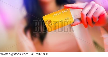 Close Up View Young Asian Woman Using Creadit Card To Conduct Online Financial Transactionsand, Conc