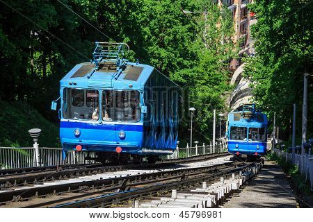 Funicular Trains Moving On The Hill