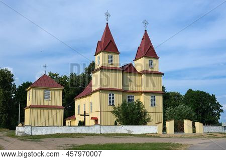 Old Ancient Wooden Church Of The Nativity Of The Virgin Mary In Dudy Village, Grodno Region, Belarus