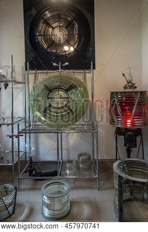 Rozewie, Poland, May 12, 2022: Old Glasses And Lamps From The Rozewie Lighthouse On The Baltic Sea I