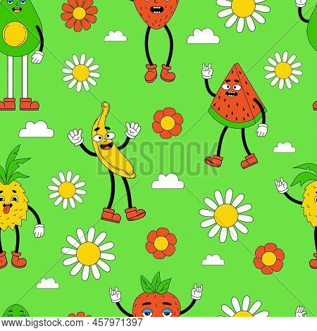 Retro Seamless Pattern, Groovy Background. Vector Hippy Pattern With 70s, 80s Vibes Groovy Elements 