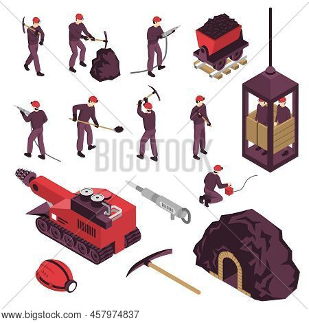 Mining Industry Workers Machinery Surface And Underground  Equipment Isometric Icons Set With Pneuma