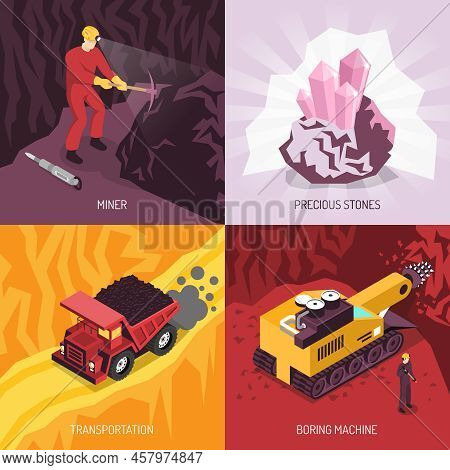 Gems Precious Stones Mining 4 Icons Conceptual Square  Composition With Boring Machine And Transport