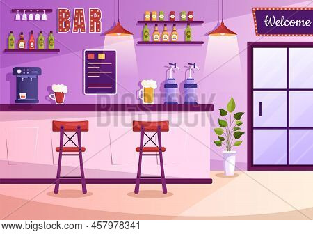Bar Or Pub At Evening With Alcohol Drinks Bottles, Bartender, Table, Interior And Chairs In Indoor R