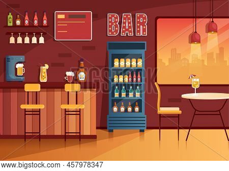 Bar Or Pub At Evening With Alcohol Drinks Bottles, Bartender, Table, Interior And Chairs In Indoor R