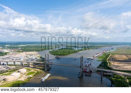 Aerial View Of The Cochrane Bridge Over The Mobile River In Mobile, Alabama