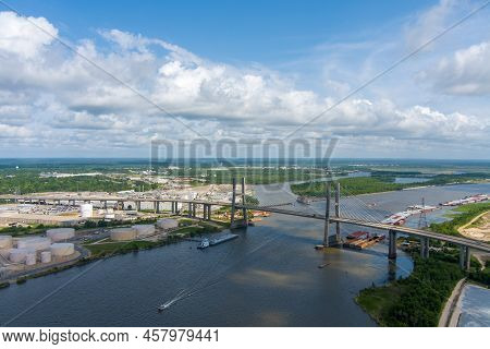 Aerial View Of The Cochrane Bridge Over The Mobile River In Mobile, Alabama