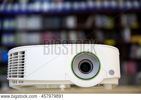 Close-up Computer Projector On Table Boardroom Or Meeting Room Technology Equipment Of Visual Or Vis
