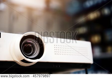 Close-up Computer Projector On Table Boardroom Or Meeting Room Technology Equipment Of Visual Or Vis