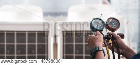 Heat And Air Conditioning, Hvac System Service Technician Using Measuring Manifold Gauge Checking Re