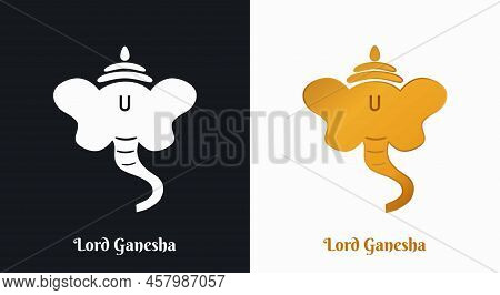 Lord Ganesha Black- White And Golden Logo Icon Vector Illustration. Hindu Festival Ganapati, Vinayak