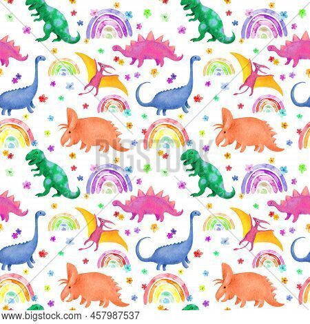 Dinosaurs Seamless Pattern. Chidish Design With Cute Dino, Flowers, Rainbows. Watercolor Naive Simpl
