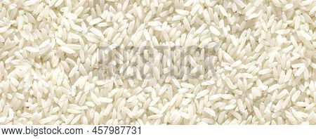 Medium And Round Grain White Jasmine Rice Texture For Background. Organic Natural Food Background Wi