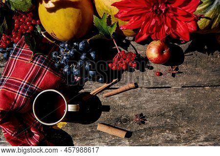 Cozy Autumn Rustic Still Life: Cup Of Tea, Fruits, Vegetables With Modern Shadows. Thanksgiving Day 