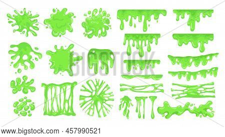 Cartoon Slime. Green Sticky Drips And Toxic Jelly Splatter, Messy Colored Dripping Goo, Colorful Spo