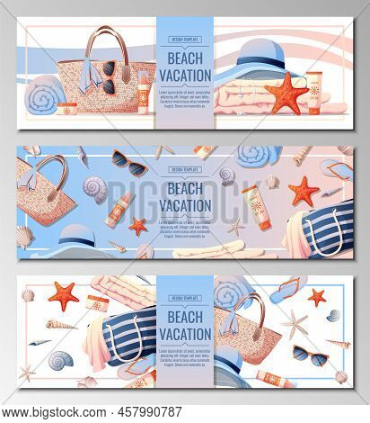 Set Of Beach Banner With Accessories For Relaxing By The Sea. Ocean Sea Holidays, Season Clothes Cos