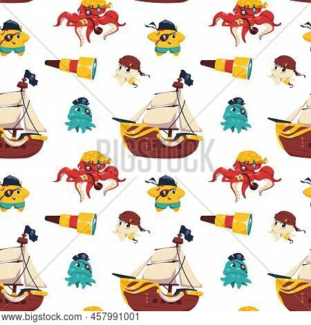 Pirate Animals Pattern. Seamless Print Of Nautical Underwater Animals In Pirate Costumes, Children I