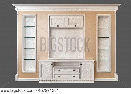 Decorative Wall With Stucco And Built-in Wooden Bookcases And Chest Of Drawers On Grey Background. N