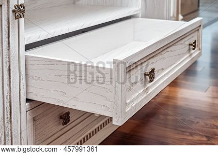Built-in Chest Of Drawers From Veneer And Solid Ash In Light Enamel With Gray Patina. Detail Of Deco