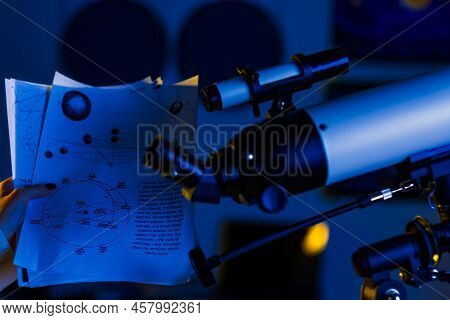 Hand Of Woman Setting Telescope At Night Sky, Space, Cosmos, Universe, Milky Way. Female Scientist W