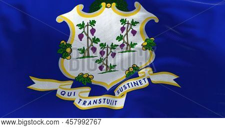 Fabric Background With The Flag Of Connecticut Waving. Connecticut Is The Southernmost State In The 