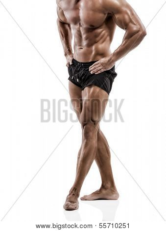 Muscle man posing in studio, isolated over a white background