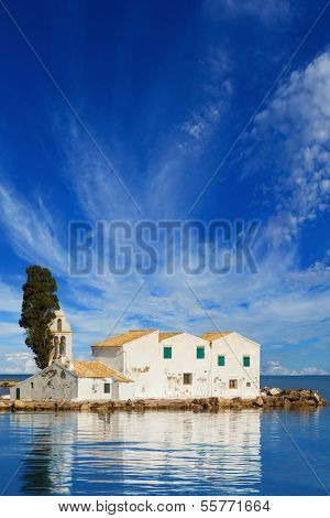 Sunset scene of Vlacherna monastery, Kanoni, Corfu, Greece