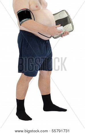 Fatty With Weights And Blood Pressure Gauge
