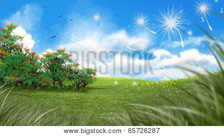 Digital art of a fresh green meadow in spring