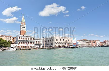 St. Marks Basilica and bell tower as seen from a boat off the coast of Venice, Italy