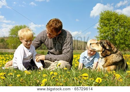 Father, Children, And Dog Relaxing In Flower Meadow