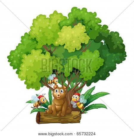 Illustration of a bear sitting above the log surrounded with bees on a white background