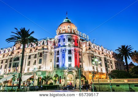 NICE - JULY 5: Negresco Hotel in Nice on July 5, 2013 in Nice. Negresco Hotel is the most famous hotel in French Riviera