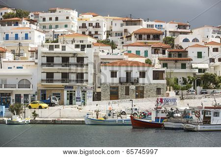ANDROS, GREECE - APR 28, 2014: Marina of Andros, is the northernmost island of the Greek Cyclades archipelago in the Aegean Sea - area is 380 km2, 40 km long, and its greatest breadth is 16 km.