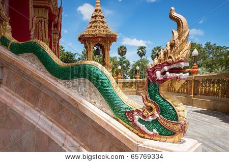 Element Of Thai Mythologycal Character Golden Naga (snake), As Part Of Chalong Temple, Phuket, Thail