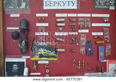 KIEV, UKRAINE - APR 24, 2014: Downtown of Kiev.Camp decoration with military items.Rioters camp.Putsch of Junta.April 24, 2014 Kiev, Ukraine 