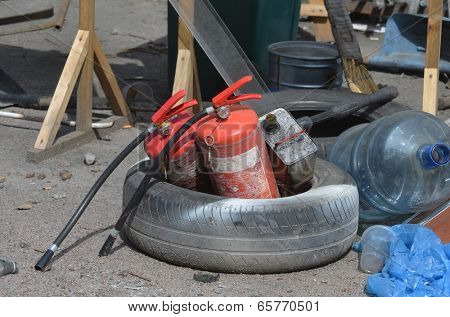 KIEV, UKRAINE - APR 24, 2014: Downtown of Kiev.Camp decoration with military items.Rioters camp.Putsch of Junta.April 24, 2014 Kiev, Ukraine 