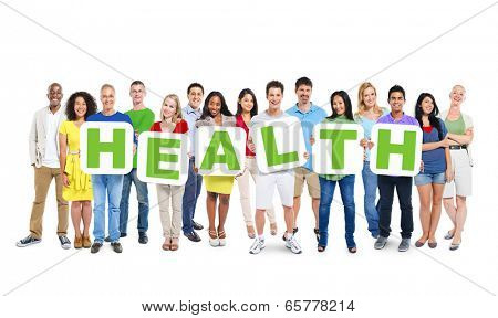 Multi-Ethnic Group Of People Holding Alphabet To Form Health