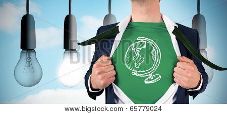 Businessman opening shirt in superhero style against five light bulbs in row