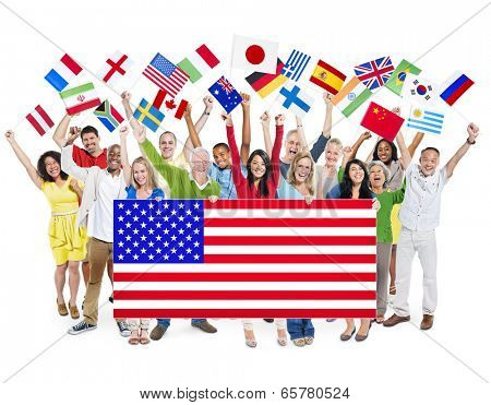 Group Of Multi-Ethnic Group Of People Holding National Flags With Positivity