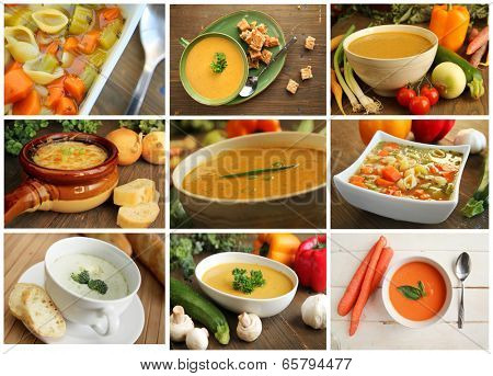 Collage showing different kind of soup like vegetables, carrot, onion